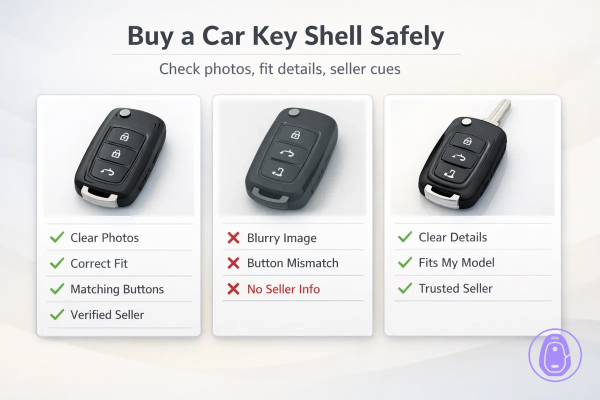 Illustration of a product listing checklist for buying the right Car key shell based on photos and fit details.