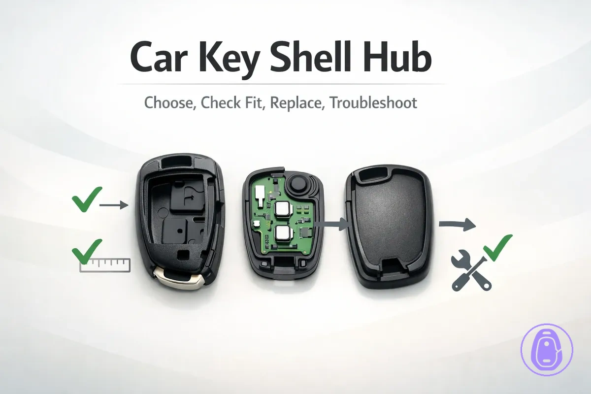 Car key shell hub illustration showing the main topics: choosing, fit checks, replacement, and troubleshooting.