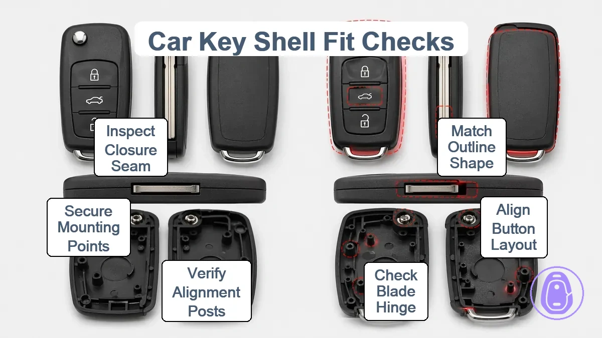 Fit-check illustration for car key shell showing outline shape, button layout, blade hinge, and internal mounting points.
