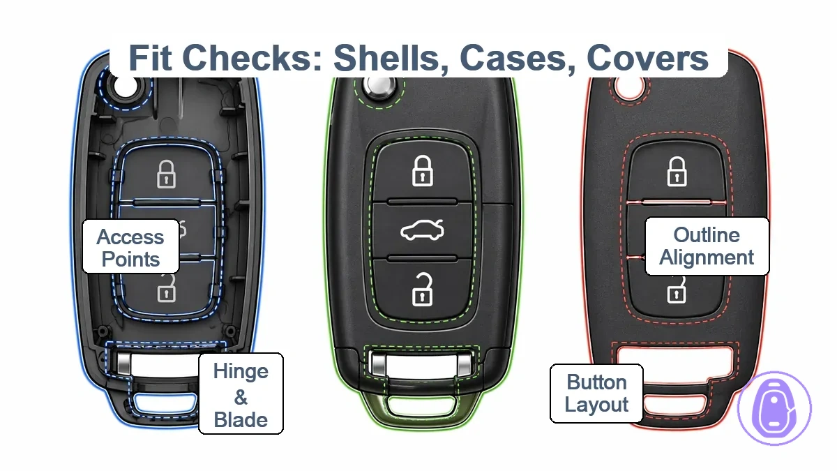 Annotated diagram showing key fob outline, button layout, and hinge/blade area as the main fit check points.