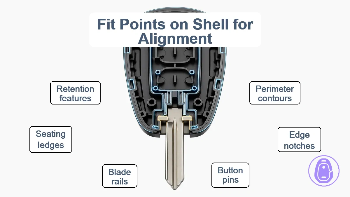 Labeled diagram showing fit points on a car key shell: outline profile, button registration features, and blade section alignment surfaces