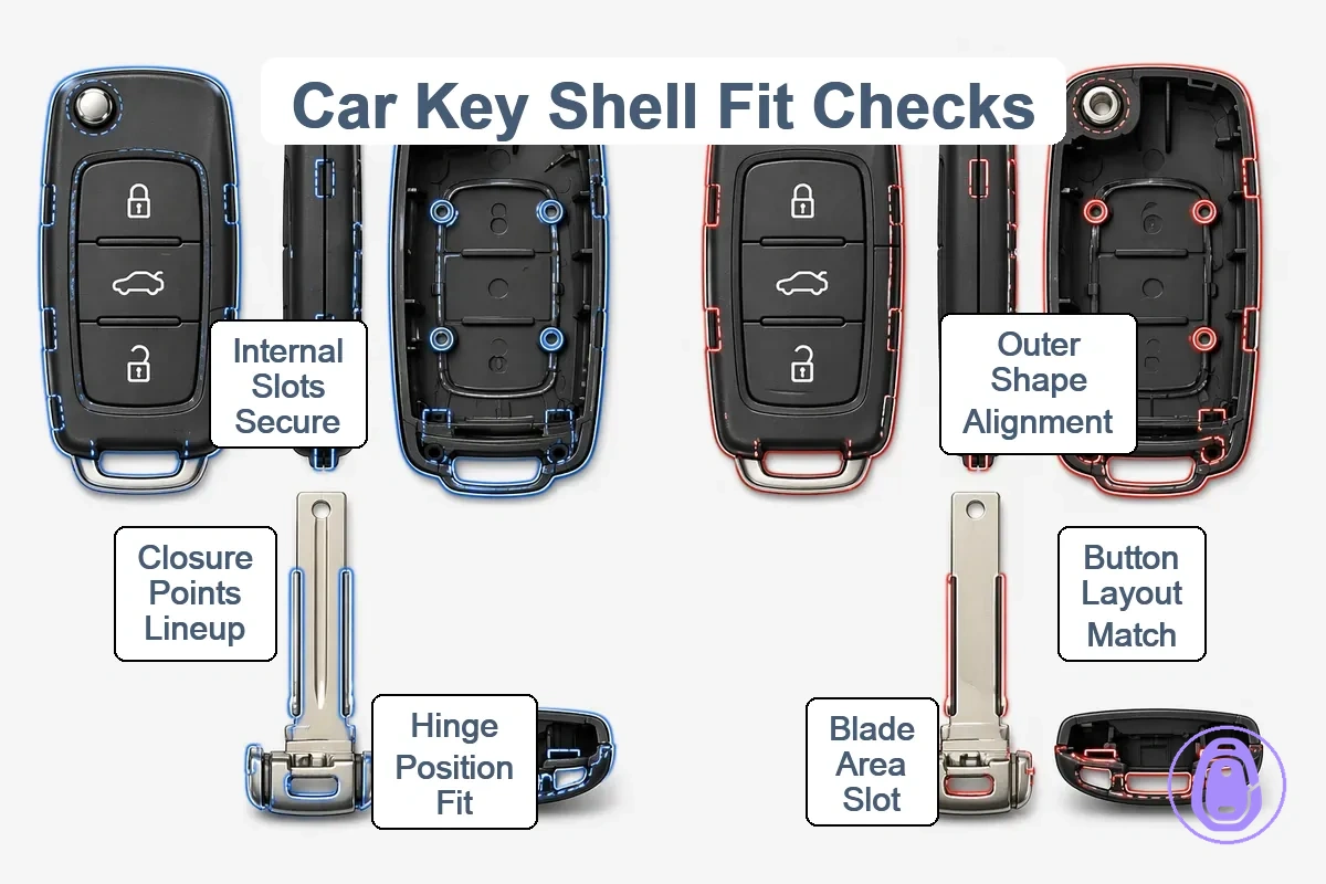 Illustration of car key shell fit checks focusing on outer shape, button layout, blade area, and hinge alignment.