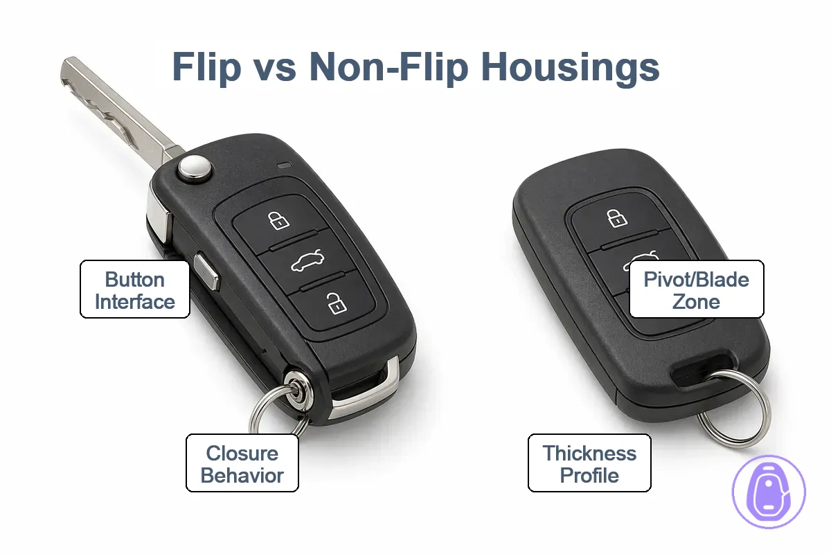 Comparison graphic showing flip and non-flip car key shell form factors and key identification cues.