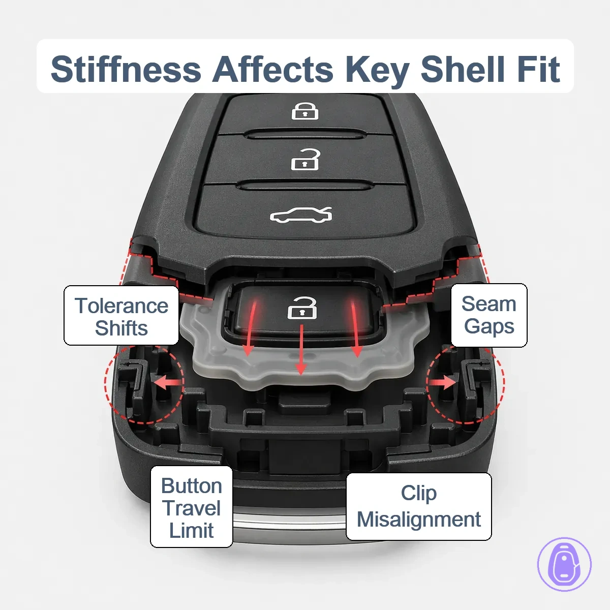 Illustration showing car key shell seam gaps, clip misalignment, and restricted button travel due to poor tolerances and stiffness.