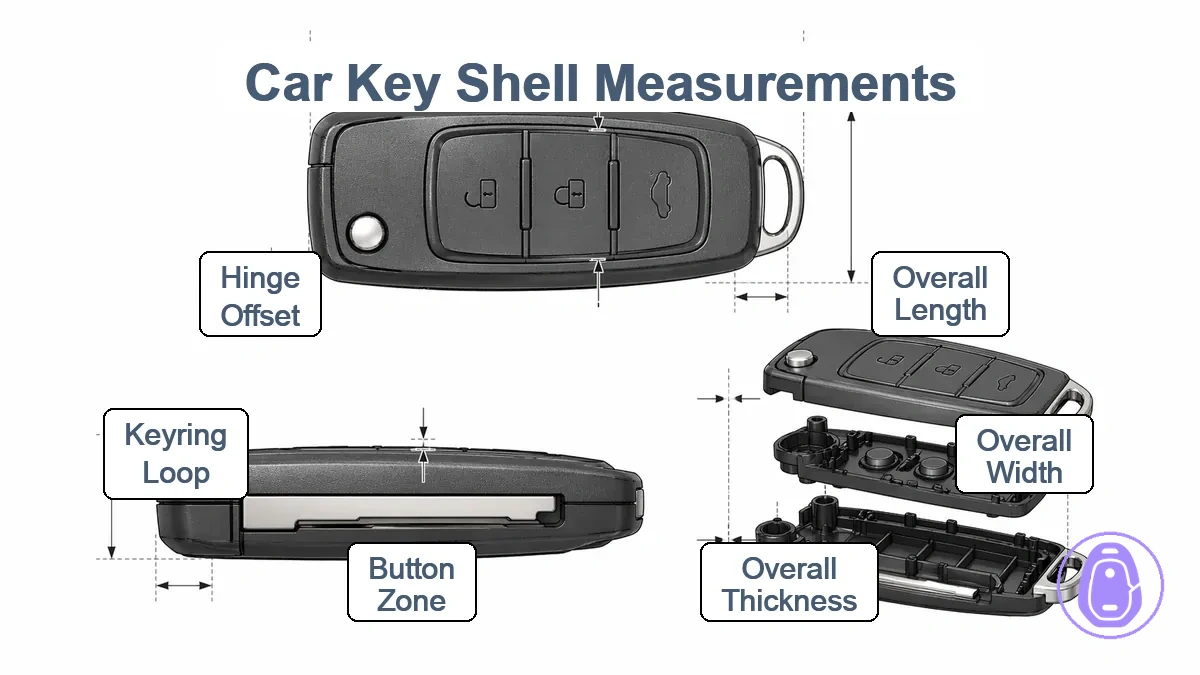 Diagram of car key shell measurement points including overall length, width, thickness, button zone, keyring loop, and hinge boundary;