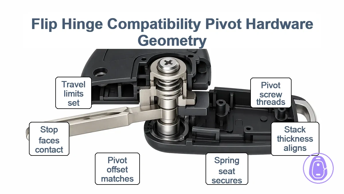 Diagram showing pivot hardware and hinge geometry alignment in flip hinges for proper key shell function