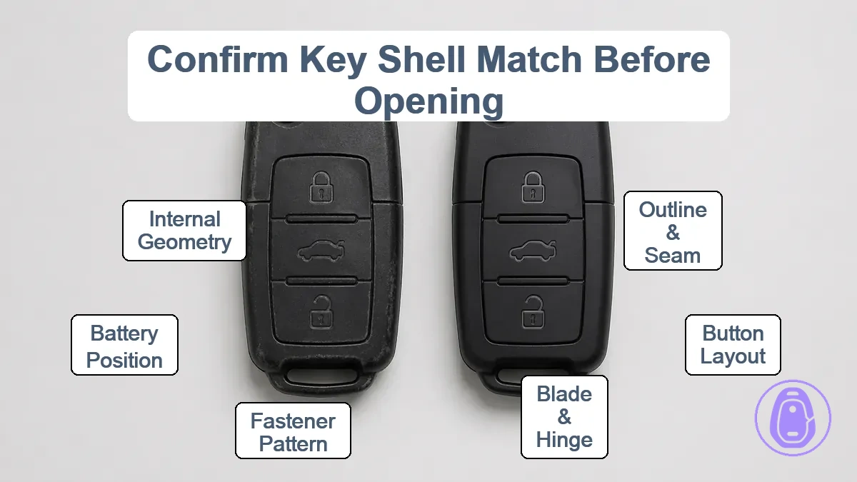 Visual comparison of Car key shell outline, seam, buttons, blade area, and internal layout for match confirmation.