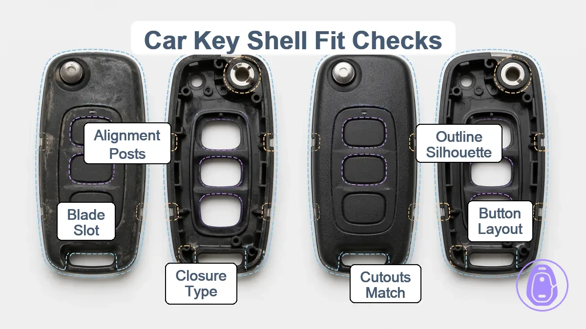 Annotated fit-check graphic showing car key shell outline match, button layout spacing, cutouts, and blade/hinge area.