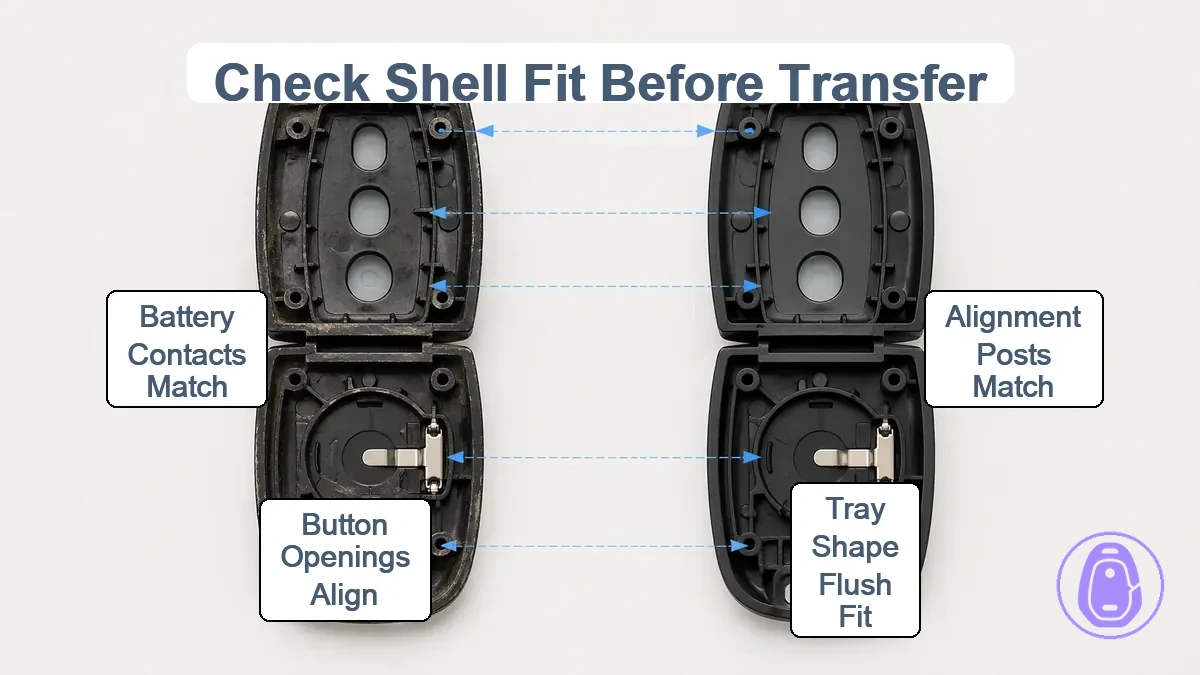 Close-up illustration of two car key shells showing alignment posts, button holes, and battery contacts with arrows indicating must-match areas.