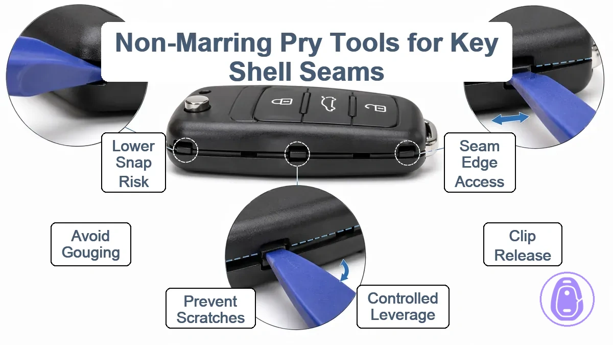 Non-marring pry tools and spudgers used to open a car key shell seam safely