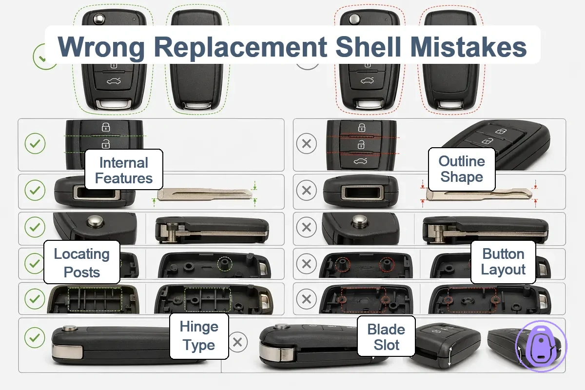 Comparison graphic showing correct vs wrong car key shell match points including button layout and hinge area.