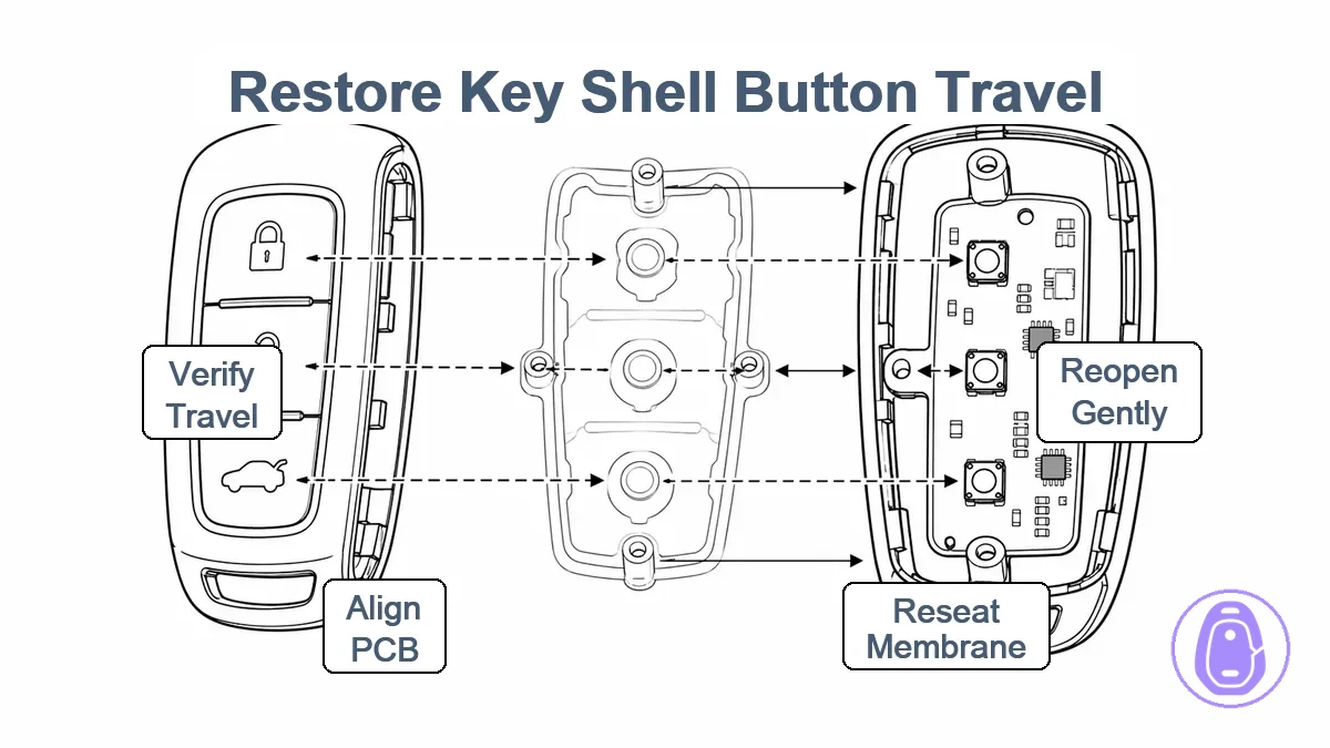 Simplified alignment diagram showing car key shell halves, rubber membrane, PCB, and alignment posts with arrows indicating correct seating and button travel path.