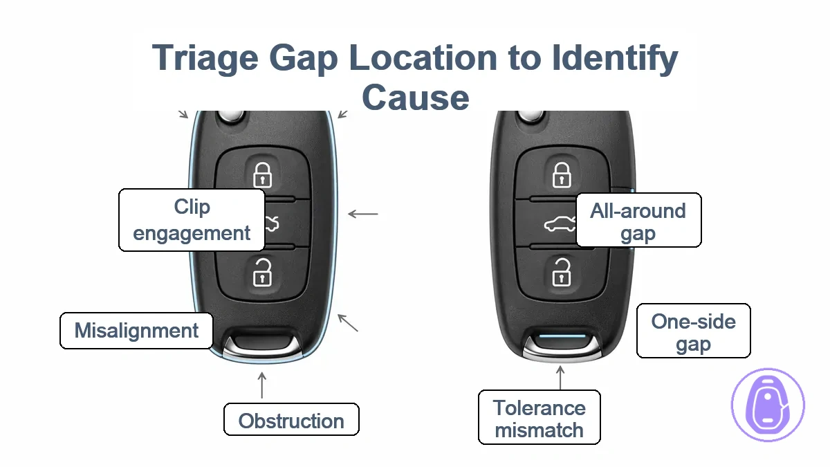 Key fob shell diagram highlighting gap zones at buttons, blade/hinge, and keyring end with arrows for one-side and all-around gaps.