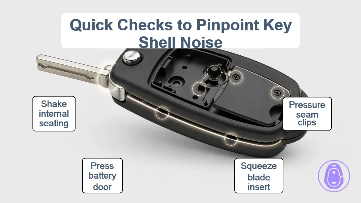 Diagram of a car key shell showing seam, blade area, battery door, and internal seating check zones