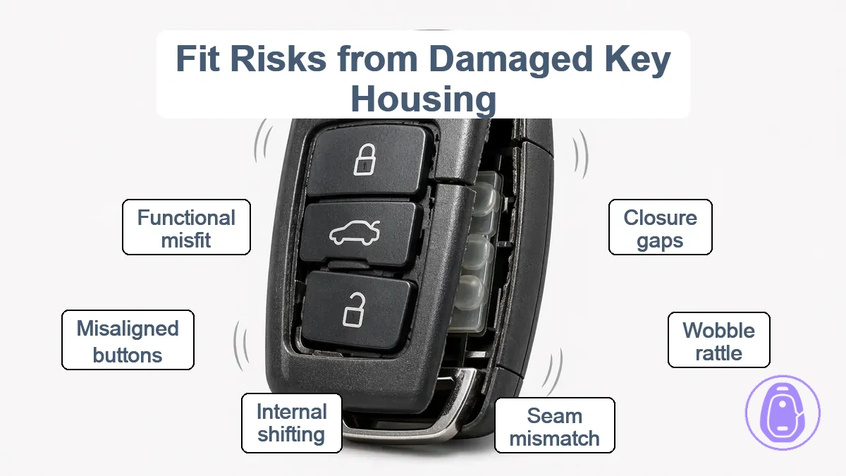 Damaged car key shell housing exhibiting fit risks including gaps, wobble, and seam mismatch