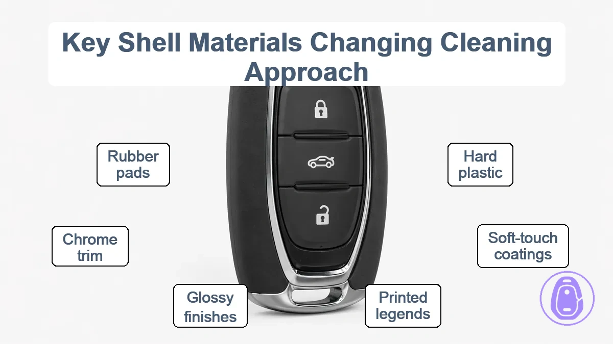 Car key shell surfaces showing material sensitivities to cleaning risks