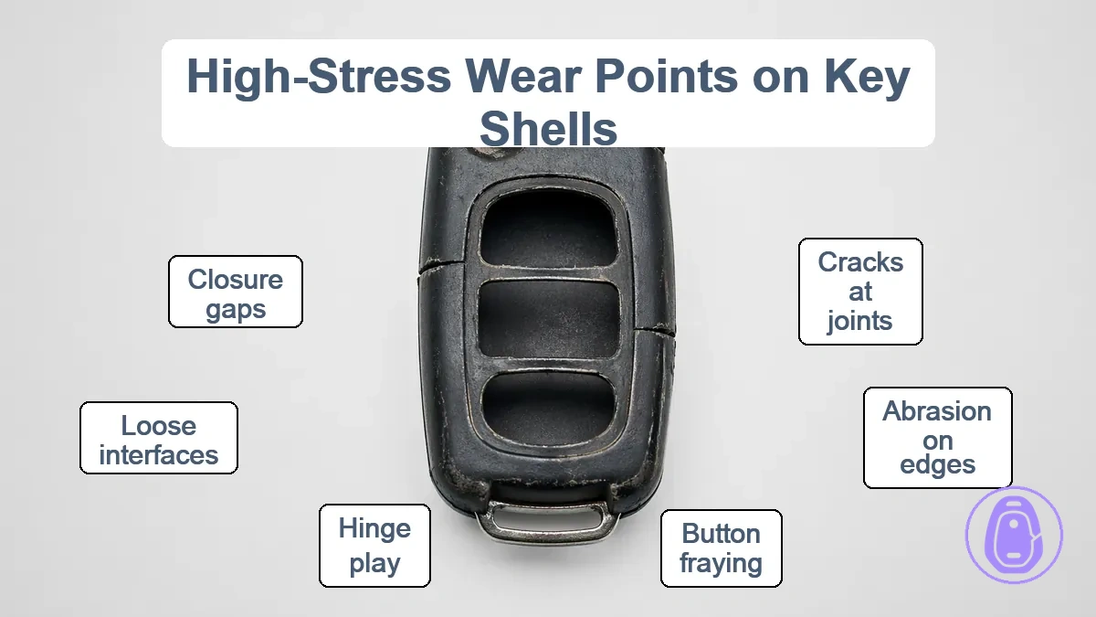 Annotated key fob shell highlighting seam, hinge, and button wear points.