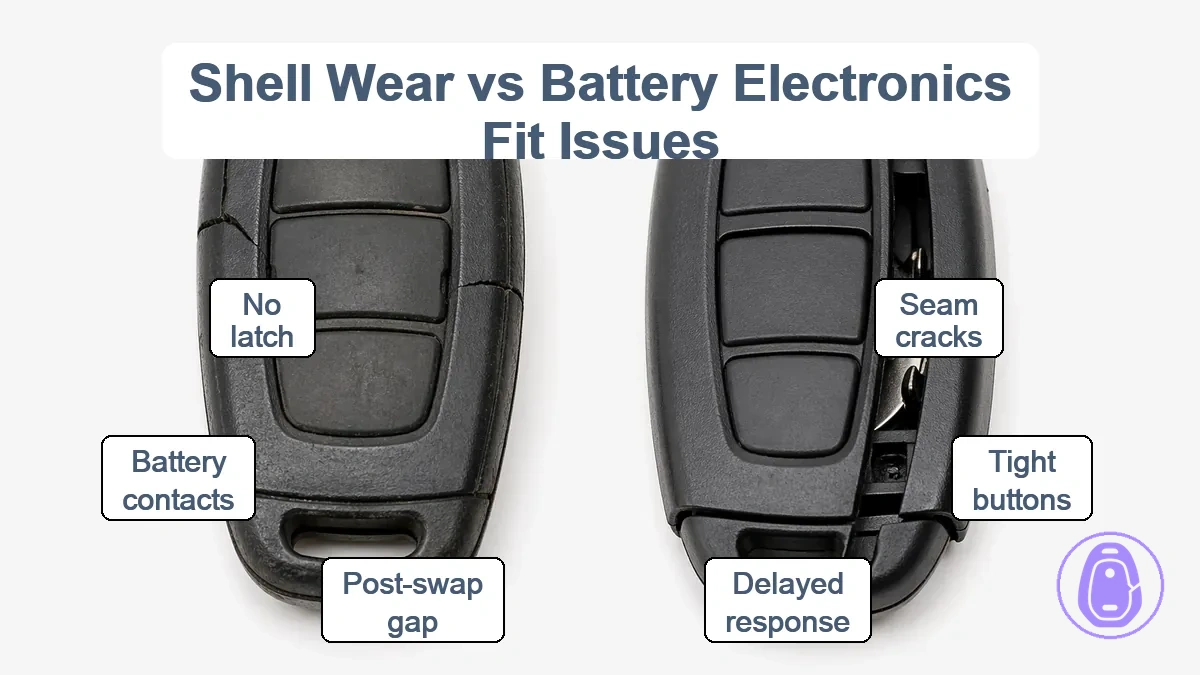 Visual contrast of worn car key shell cracks versus wrong-fit housing alignment mismatch