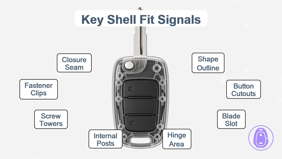 Annotated diagram showing a key shell outline overlay with button window alignment, blade/hinge area, and internal post locations labeled generically.
