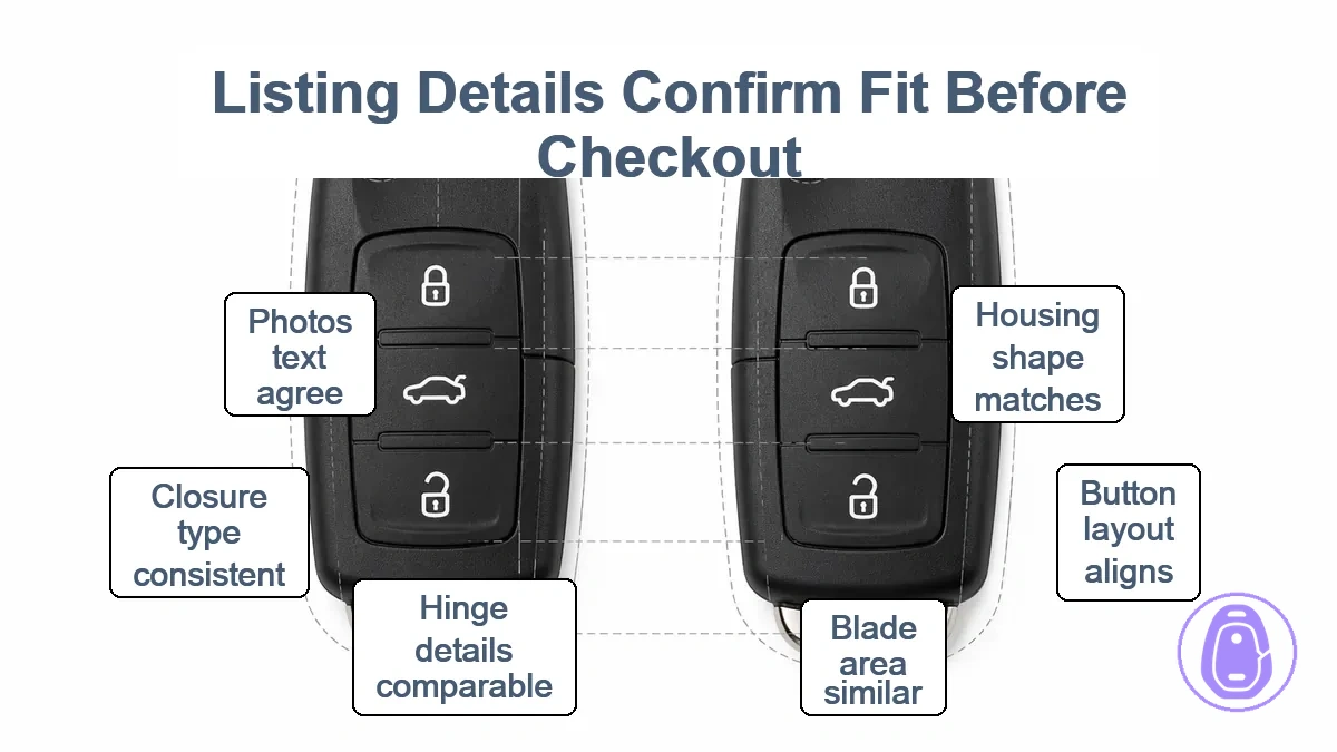 Comparison graphic of car key shell fit points such as housing shape, button layout, blade area, hinge, and closure details