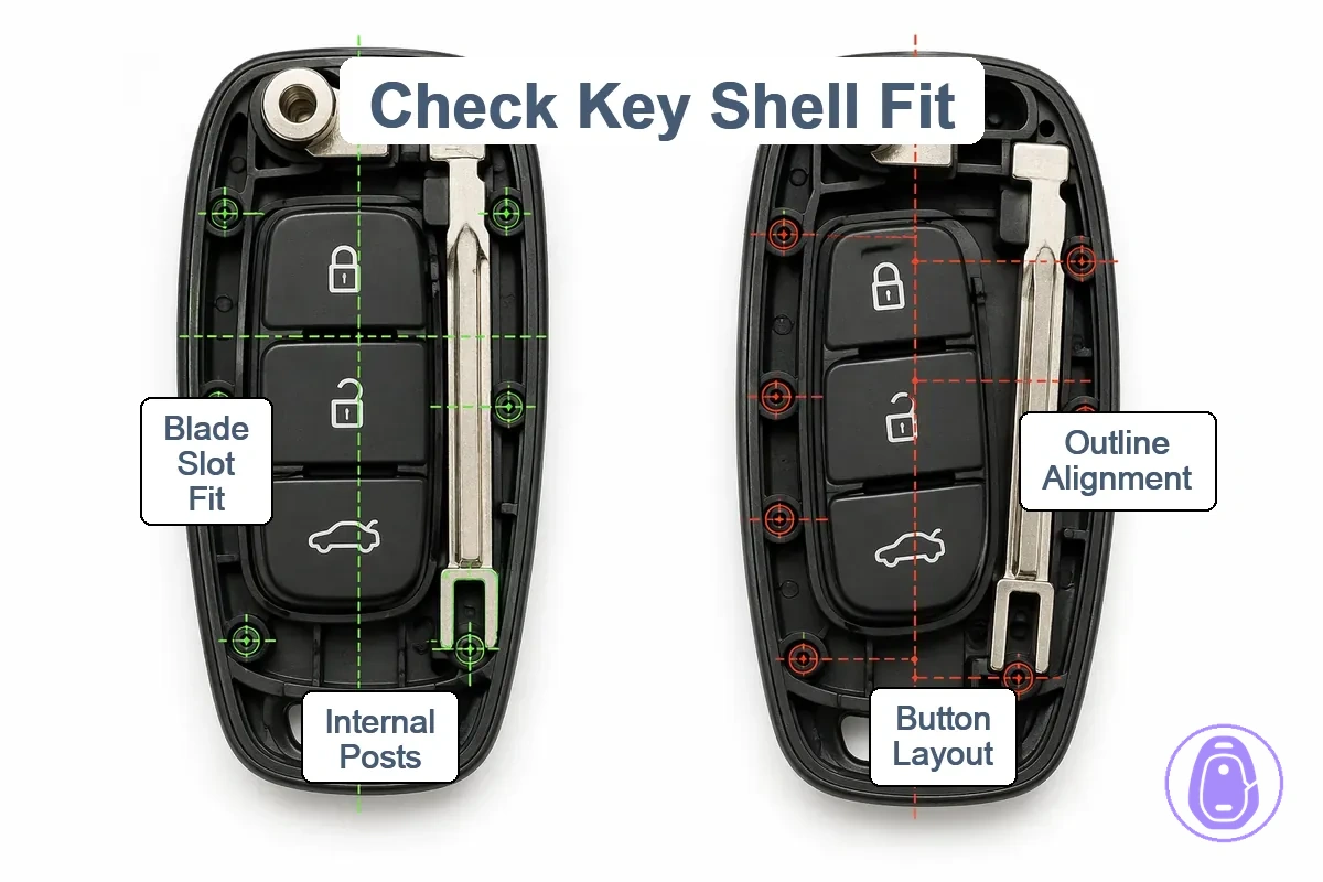 Car key shell compatibility checks for button layout and internal posts.