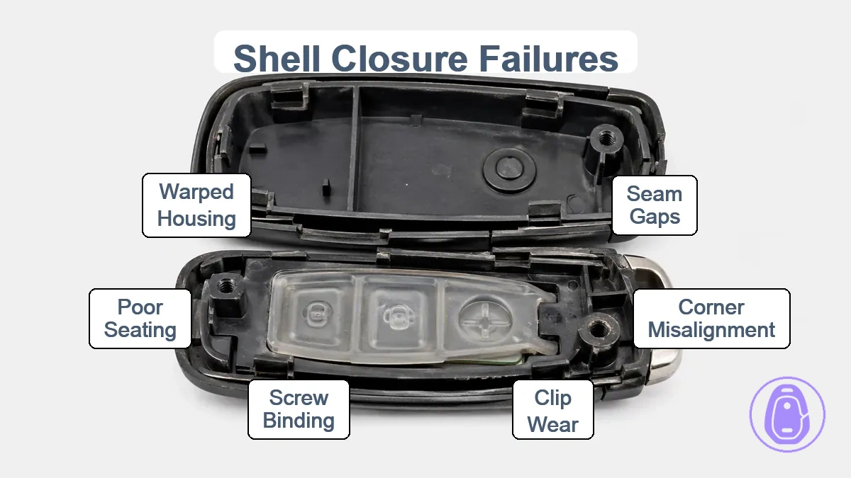 Annotated diagram of car key shell seam showing gap areas, clips, and screw points that affect closure.