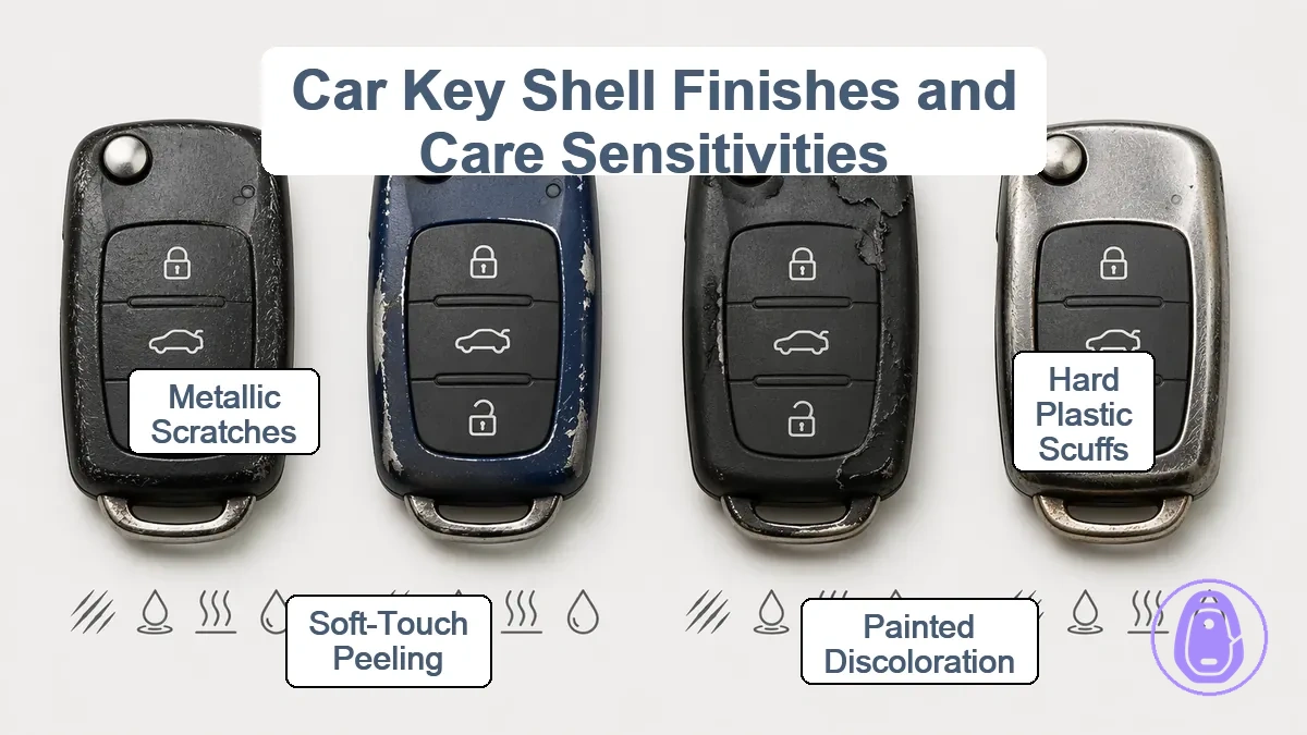 Comparison graphic showing key fob shell finishes and what each is sensitive to