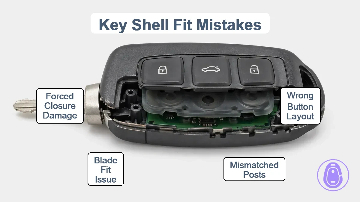Illustration of car key shell fit mistakes such as wrong button alignment or mismatched posts causing closure issues and extra costs.