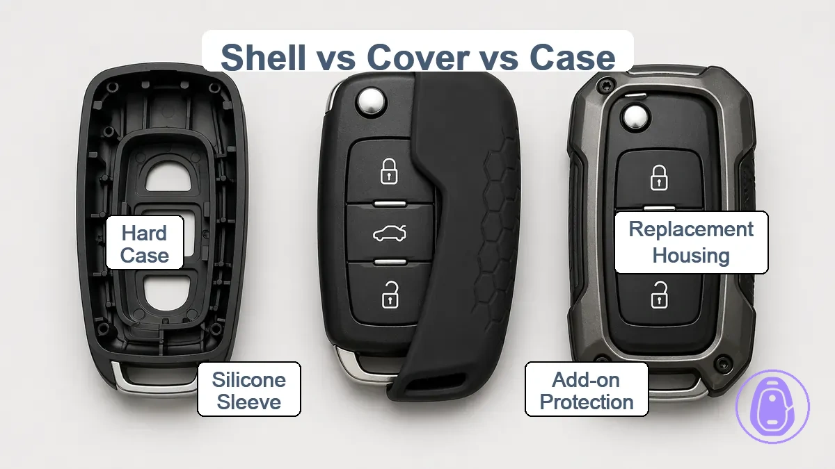 Comparison of car key shell as replacement housing versus key cover and case as add-on protection layers.