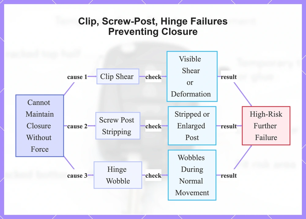 Clip, Screw-Post, Hinge Failures Preventing Closure