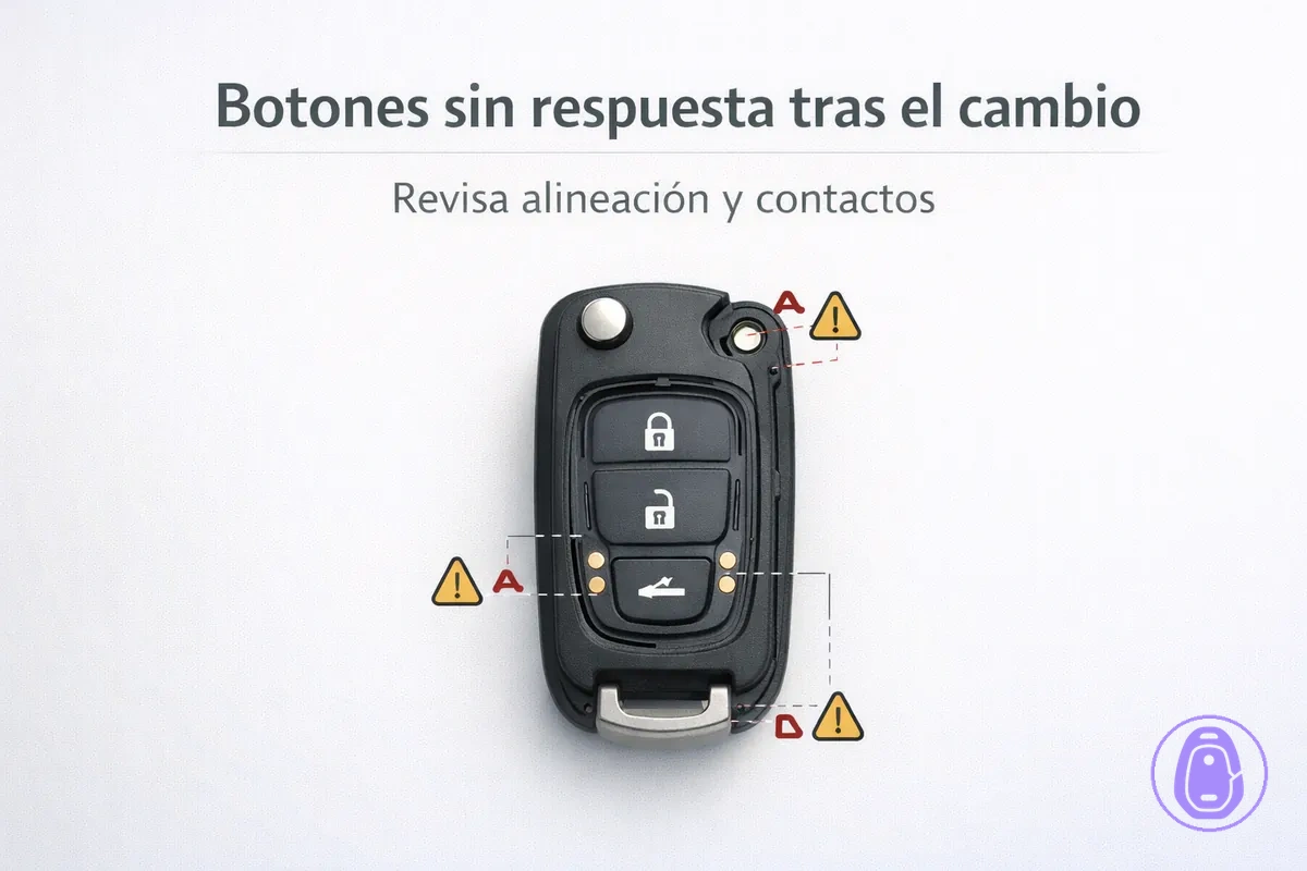 Ilustración de una carcasa de llave del coche con botones sin respuesta, destacando puntos de alineación y contacto de la membrana.