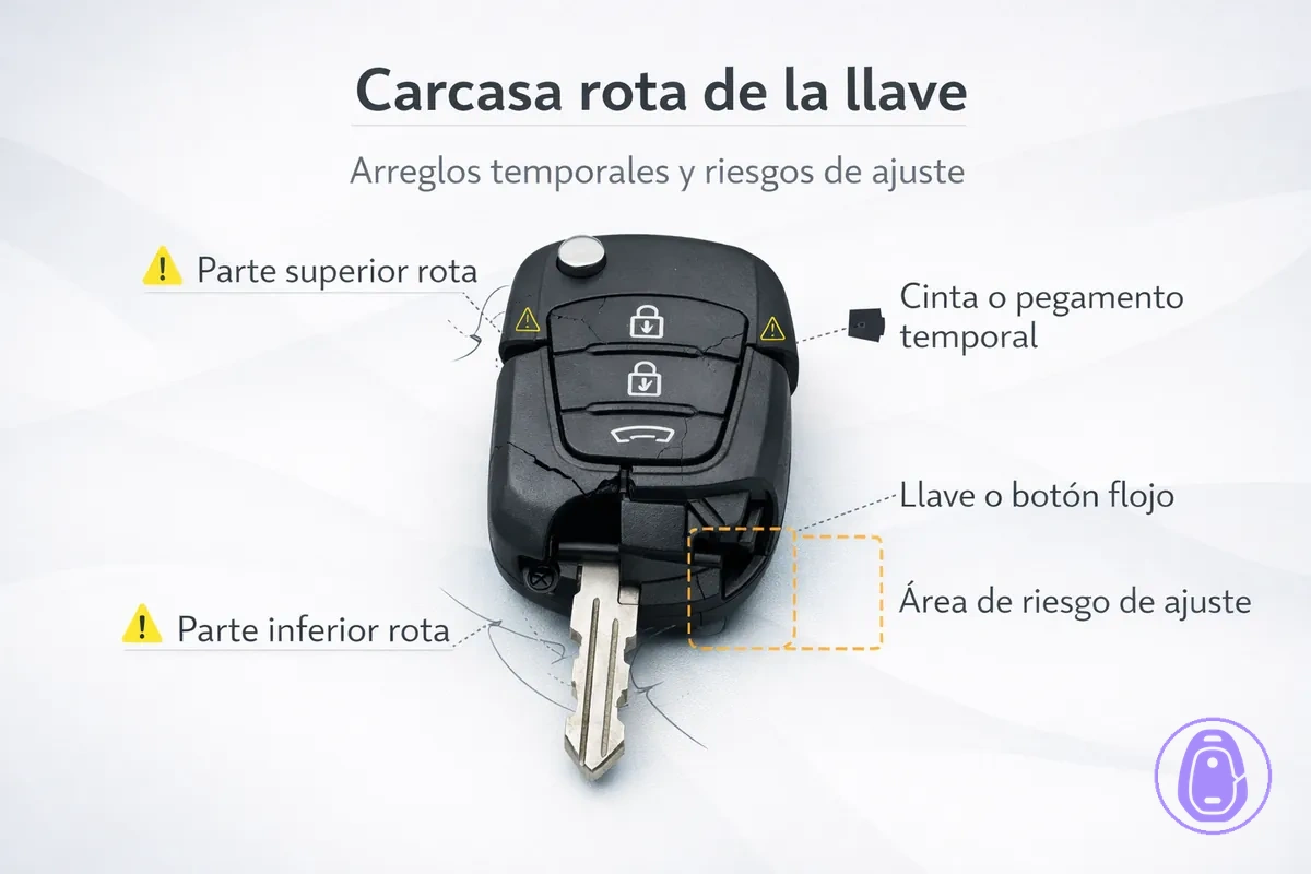 Ilustración de una carcasa de llave del coche agrietada con puntos de rotura comunes y cómo puede cambiar el ajuste.
