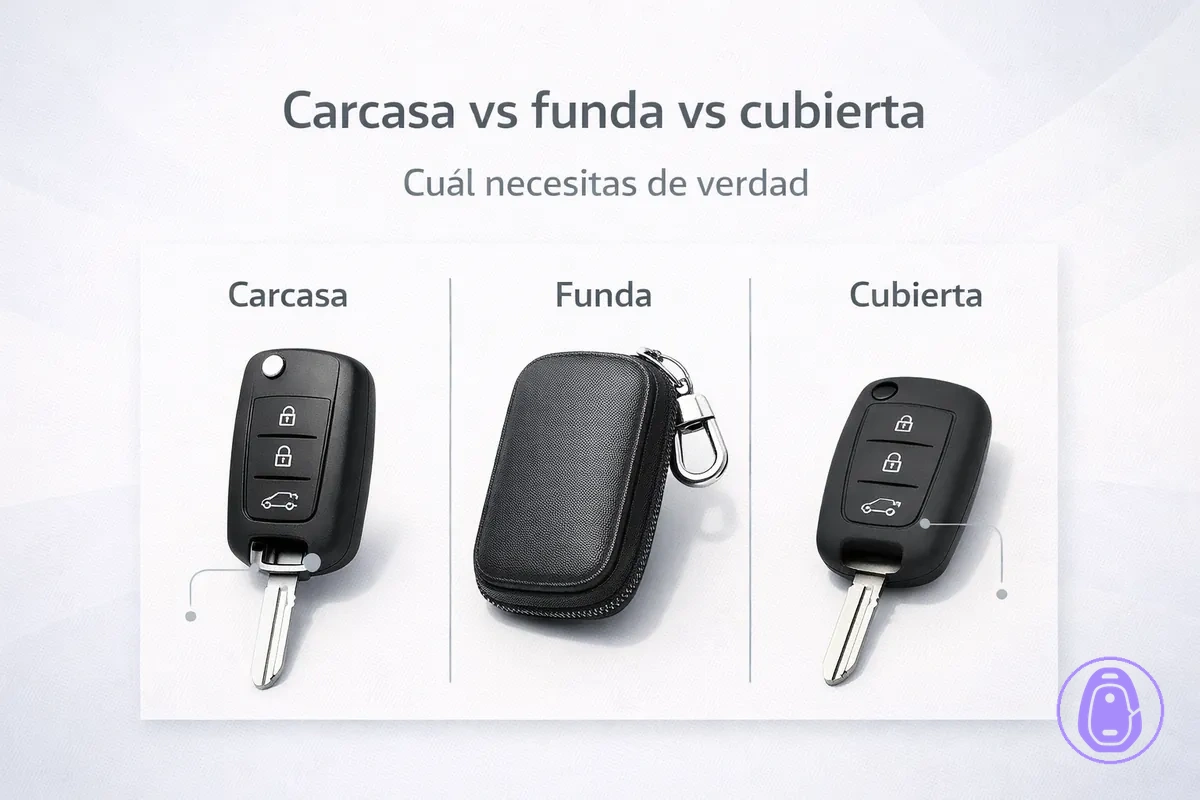 Ilustración lado a lado comparando carcasa de llave del coche, funda y carcasa protectora por ajuste y protección.