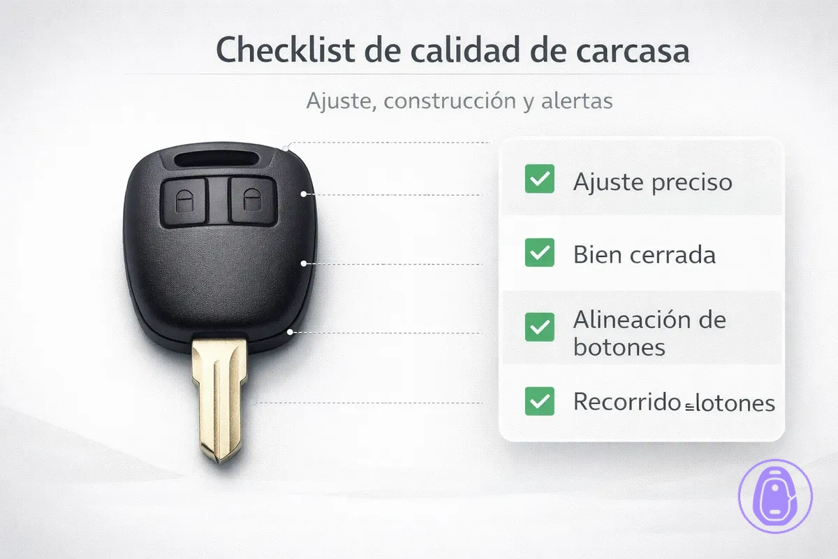 Ilustración de checklist para evaluar calidad: ajuste, alineación, cierre y recorrido de botones en la carcasa de llave del coche.