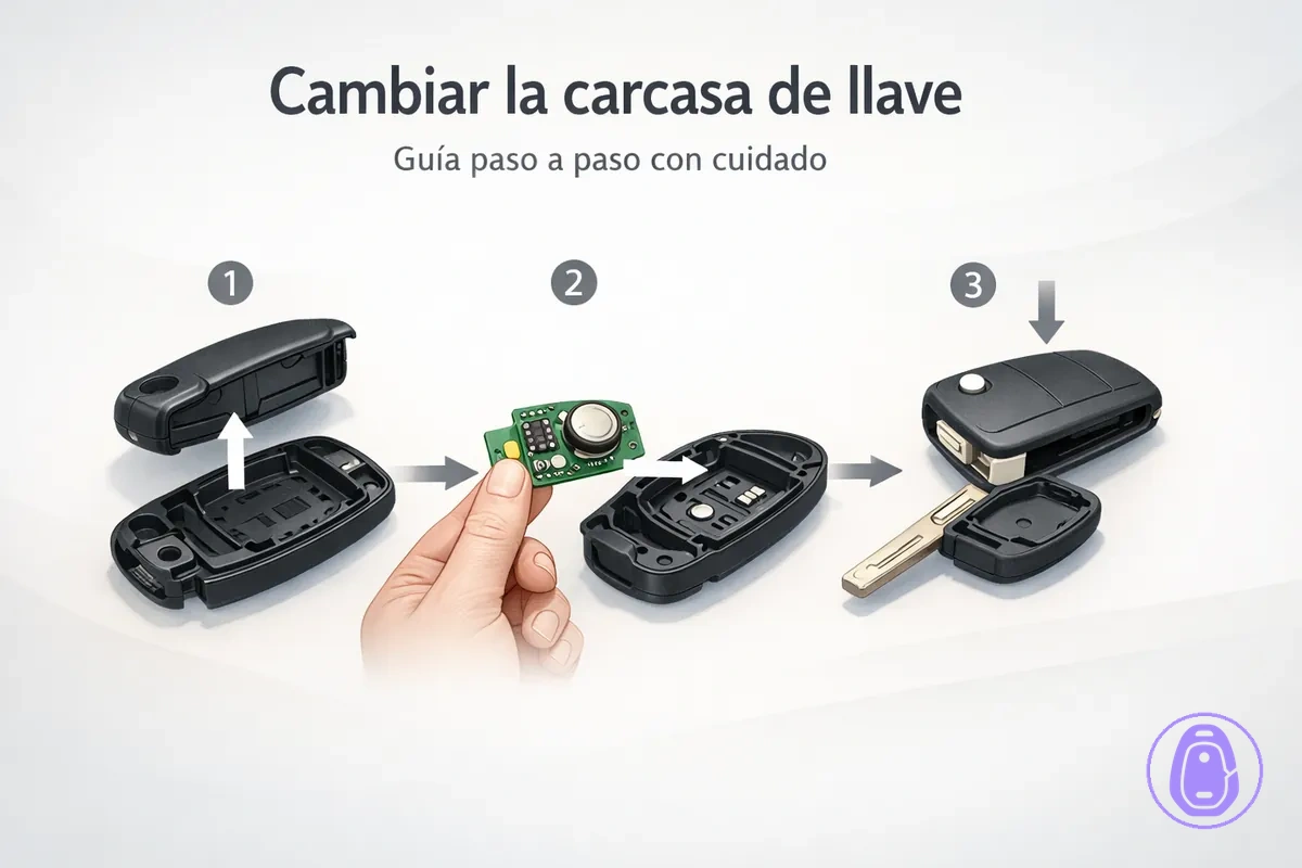 Ilustración paso a paso mostrando cómo abrir una carcasa de llave del coche y volver a montarla tras el traslado.
