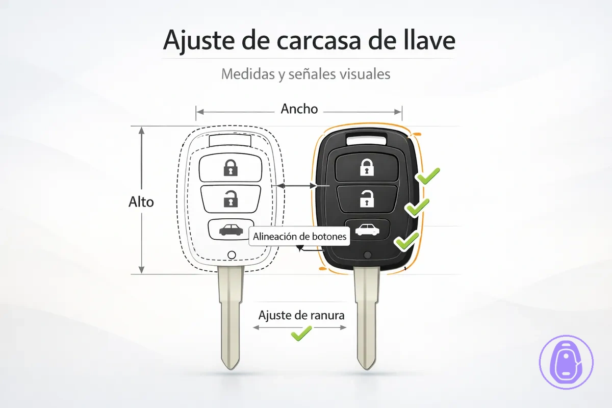 Ilustración de medidas y contorno para confirmar el ajuste de una carcasa de llave del coche antes de comprar.