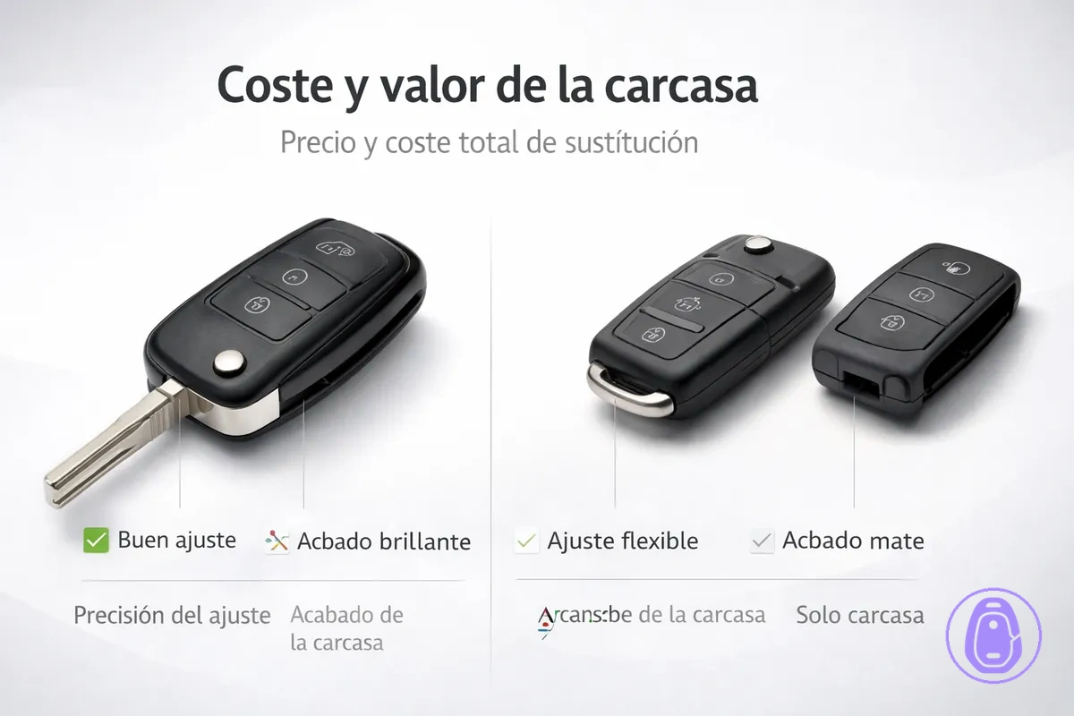 Ilustración de comparación de costes que muestra factores de valor como precisión de ajuste y durabilidad en carcasas de llave del coche.