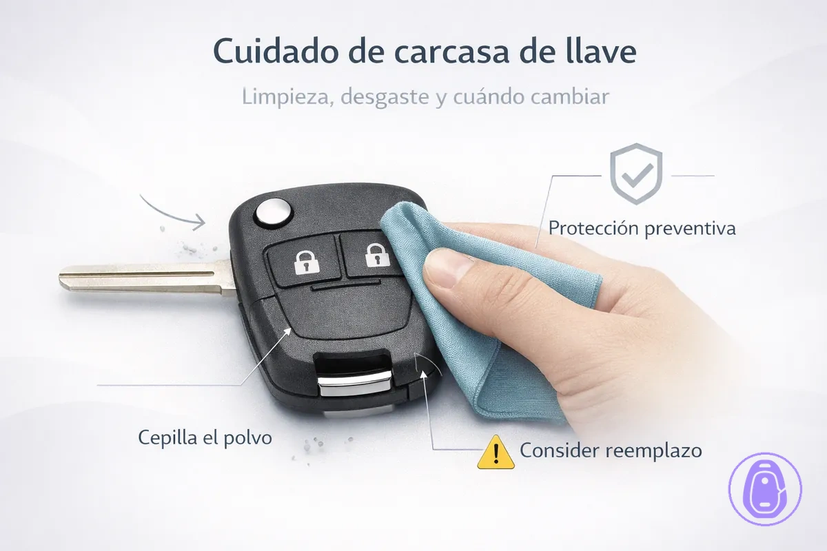Ilustración de cuidado y mantenimiento para limpiar y proteger una carcasa de llave del coche del desgaste.