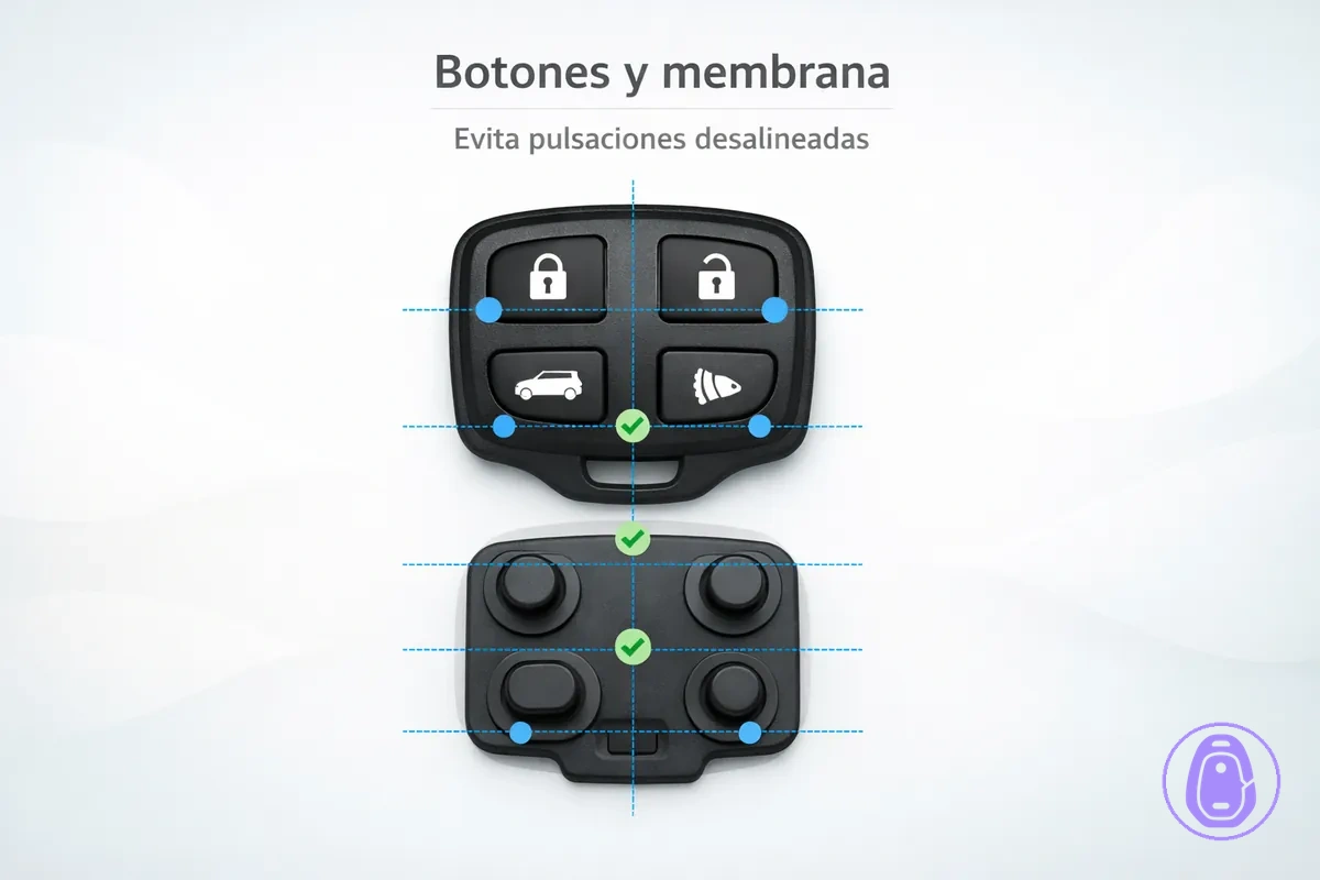 Ilustración en vista superior de la distribución de botones y la membrana correspondiente en la carcasa de llave del coche.
