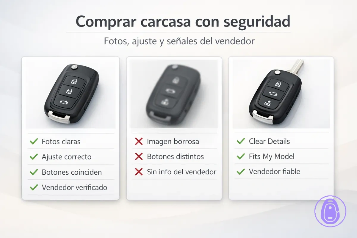 Ilustración de checklist para evaluar un anuncio y comprar la carcasa de llave del coche correcta según fotos y datos de ajuste.