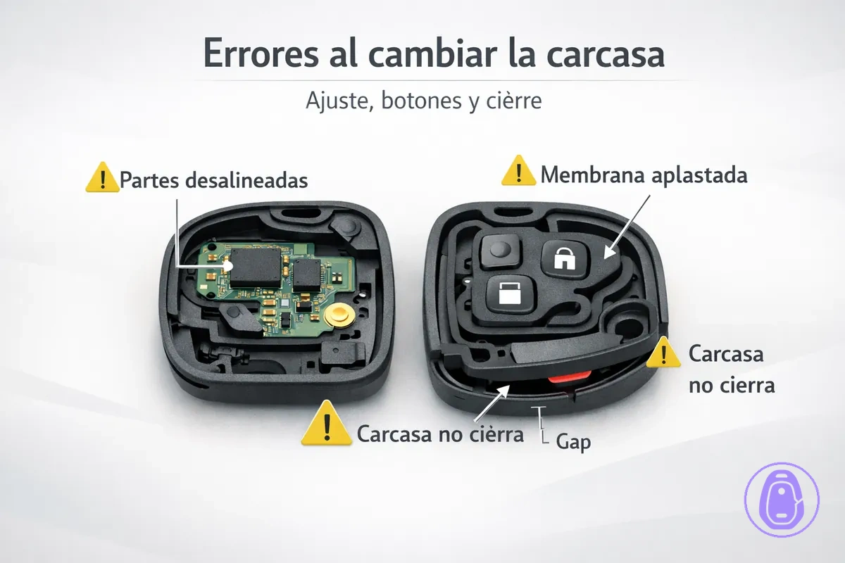 Ilustración con errores comunes al sustituir la carcasa: piezas desalineadas y membrana de botones pellizcada.
