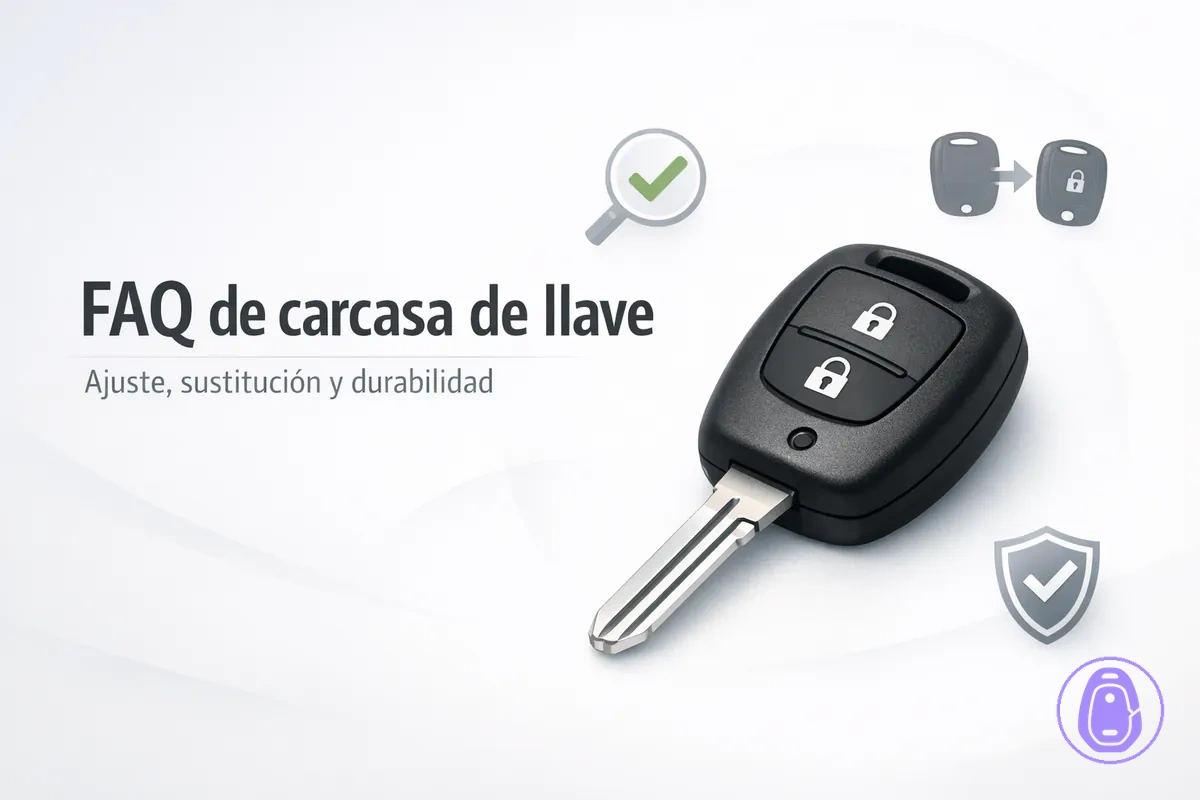 Ilustración tipo FAQ sobre dudas de ajuste, sustitución y durabilidad de la carcasa de llave del coche.