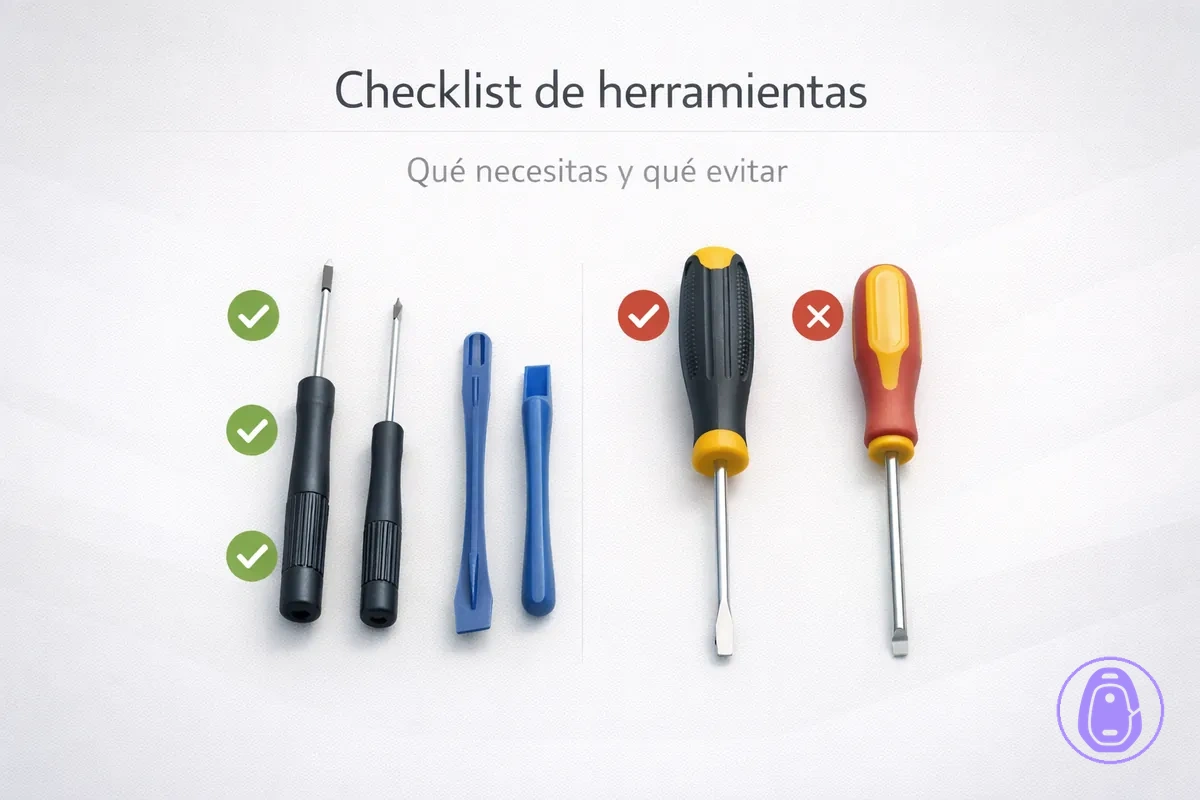 Herramientas preparadas para sustituir una carcasa de llave del coche: destornilladores pequeños y útiles de palanca.