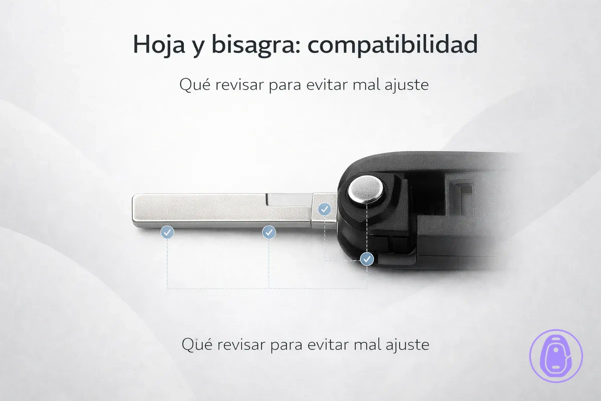 Ilustración en primer plano de la zona de la hoja y el punto de bisagra/pivote para comprobar compatibilidad de la carcasa de llave del coche.