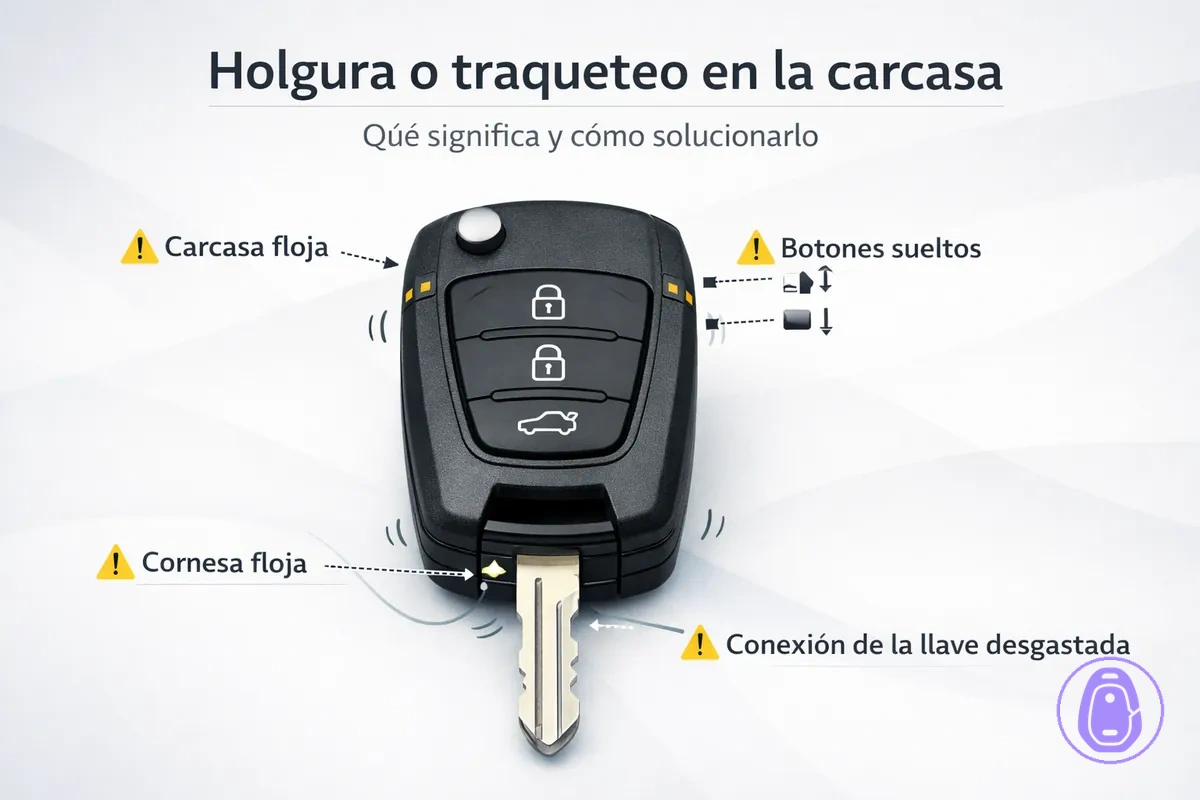 Ilustración de una carcasa de llave del coche floja, con puntos de movimiento que pueden causar traqueteo.