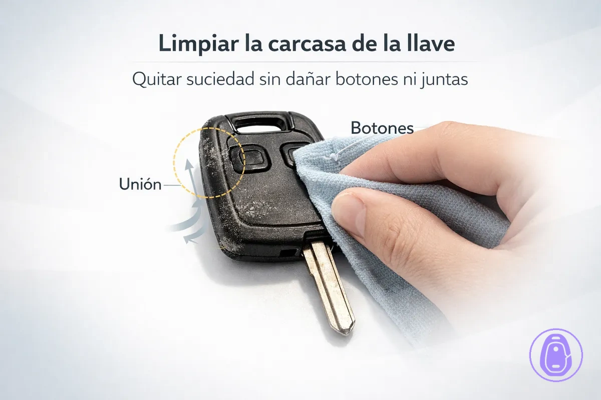 Ilustración de limpieza centrada en juntas y zona de botones de la carcasa de llave del coche.