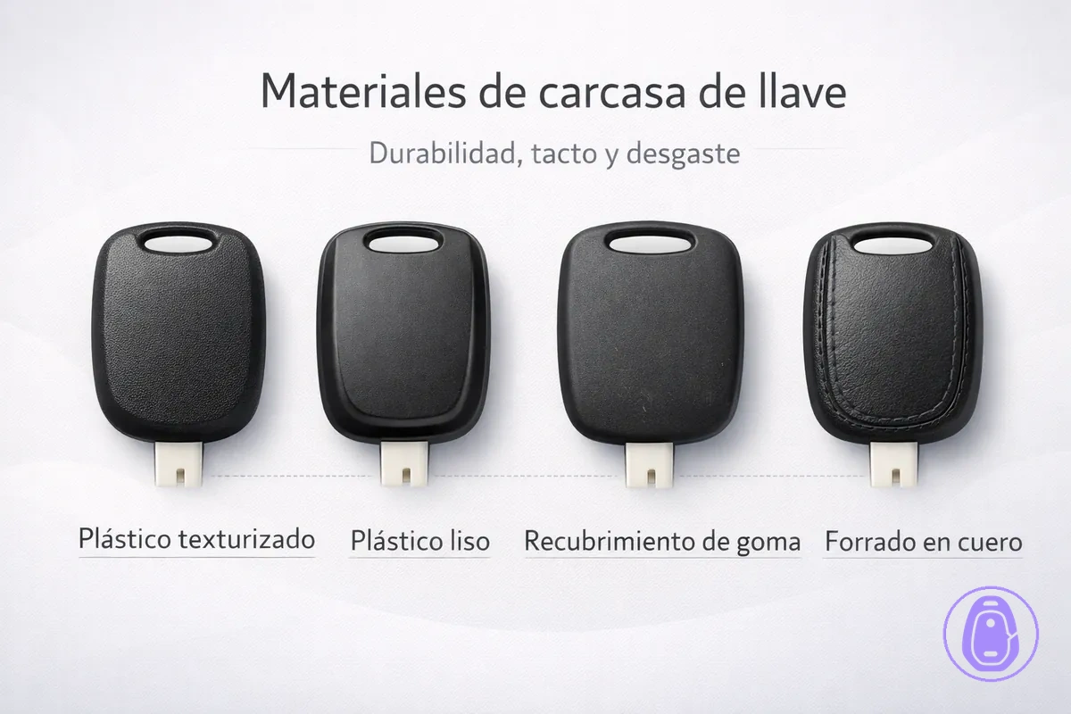Ilustración en primer plano comparando materiales y acabados de la carcasa de llave del coche para agarre y desgaste.