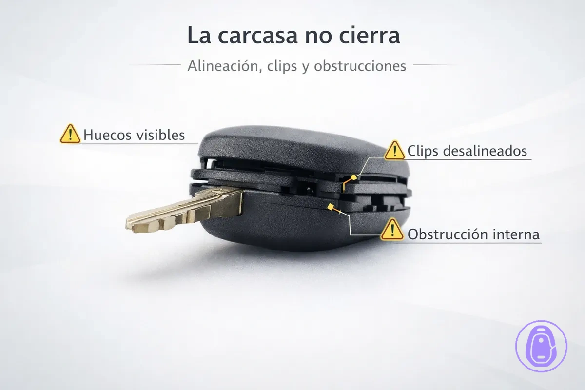 Ilustración de una carcasa de llave del coche que no cierra, mostrando huecos, clips y puntos de desalineación.