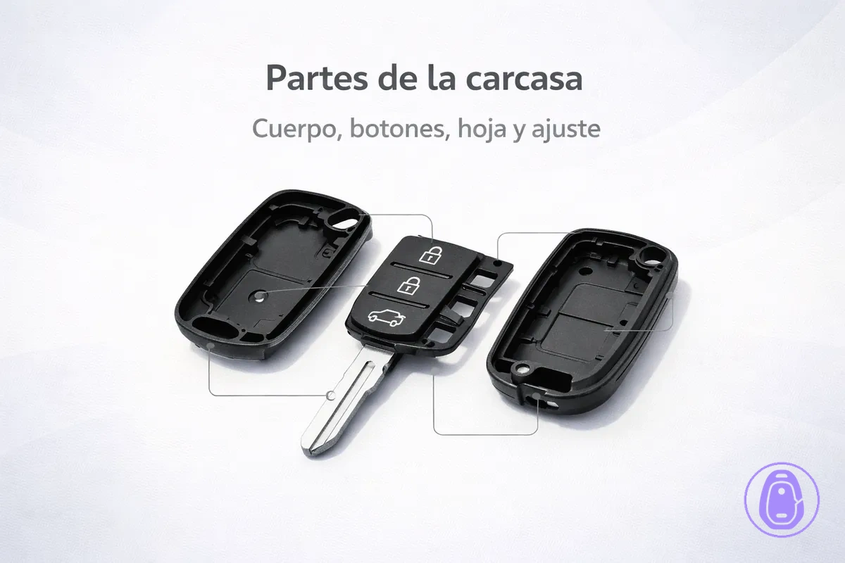 Ilustración tipo despiece de piezas de la carcasa de llave del coche: mitades del cuerpo, zona de la membrana de botones y sección de la hoja.