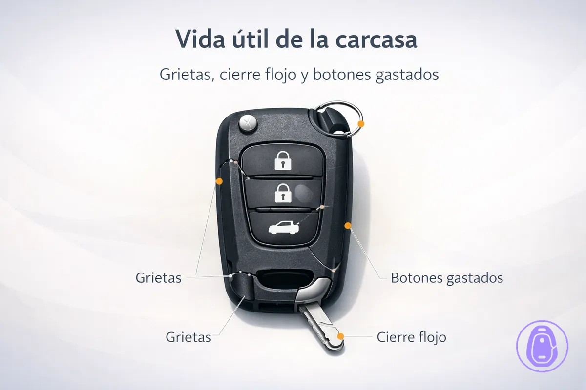 Ilustración de señales de desgaste: grietas, cierre flojo y botones gastados en la carcasa de llave del coche.